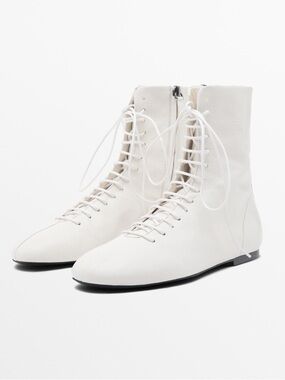 Massimo Dutti Flat Lace-Up Ankle Boots White Goatskin Leather size 36 EU